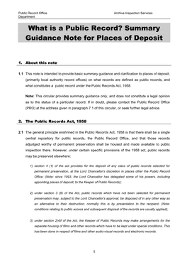 What Is a Public Record? Summary Guidance Note for Places of Deposit