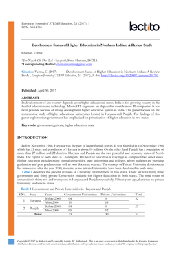 Development Status of Higher Education in Northern Indian: a Review Study