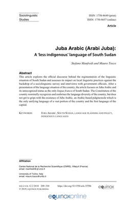 Juba Arabic (Arabi Juba): a ‘Less Indigenous’ Language of South Sudan