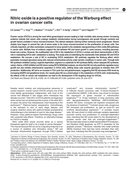 Nitric Oxide Is a Positive Regulator of the Warburg Effect in Ovarian Cancer Cells