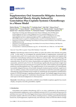 Supplementary Oral Anamorelin Mitigates Anorexia and Skeletal Muscle Atrophy Induced by Gemcitabine Plus Cisplatin Systemic Chemotherapy in a Mouse Model