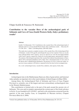 Filippo Scafidi & Francesco M. Raimondo Contribution to the Vascular Flora of the Archaeological Park of Selinunte and Cave