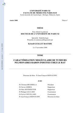 Caractérisation Moléculaire De Tumeurs Pulmonaires Radon-Induites Chez Le Rat