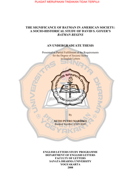 The Significance of Batman in American Society: a Socio-Historical Study of David S