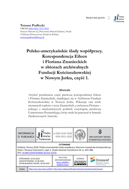 Polsko-Amerykańskie Ślady Współpracy. Korespondencja Eileen I Floriana Znanieckich W Zbiorach Archiwalnych Fundacji Kościuszkowskiej W Nowym Jorku, Część 1