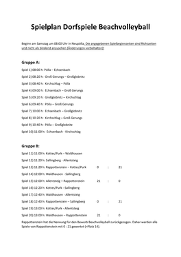 Spielplan Dorfspiele Beachvolleyball