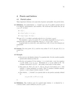 4 Posets and Lattices 4.1 Partial Orders Many Important Relations Cover Some Idea of Greater and Smaller: the Partial Orders