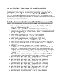 Curios Or Relics List — Update January 2008 Through December 2008