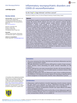 Inflammatory Neuropsychiatric Disorders and COVID-19 Neuropsychiatric Sequalae to Coronavirus Disease 2019 (COVID-19) Infection Are Beginning to Neuroinflammation