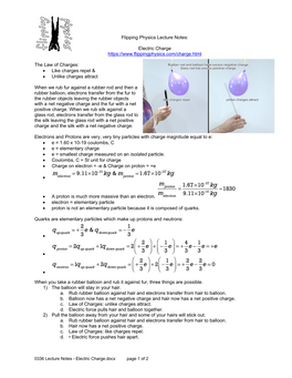 0336 Lecture Notes - Electric Charge.Docx Page 1 of 2 3) the Balloon Will Stick to a Wall