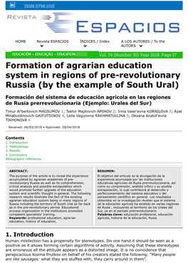 Formation of Agrarian Education System in Regions of Pre-Revolutionary Russia (By the Example of South Ural)