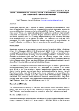 Some Observation on the Silky Shark (Carcharhinus Falciformis) in the Tuna Gillnet Fisheries of Pakistan