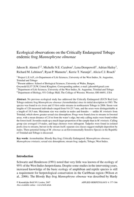 Ecological Observations on the Critically Endangered Tobago Endemic Frog Mannophryne Olmonae