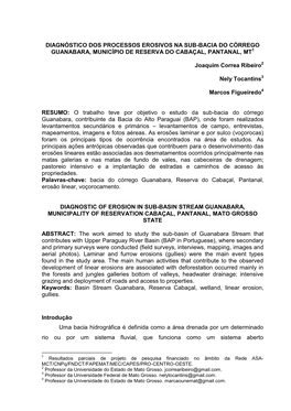 Diagnóstico Dos Processos Erosivos Na Sub-Bacia Do Córrego Guanabara, Município De Reserva Do Cabaçal, Pantanal, Mt1