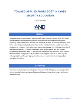 Toward Applied Andragogy in Cyber Security Education
