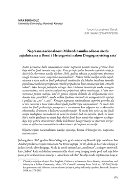 Naprasna Nacionalnost: Mikrodinamika Odnosa Među Zajednicama U Bosni I Hercegovini Nakon Drugog Svjetskog Rata*
