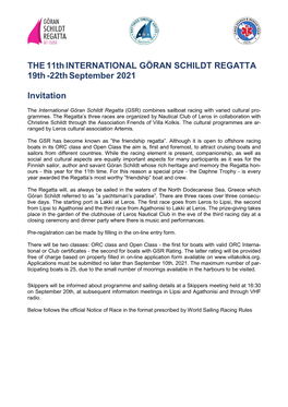 The11thinternational GÖRAN SCHILDT REGATTA 19Th-22Thseptember 2021 Invitation