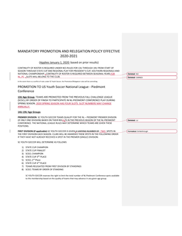 MANDATORY PROMOTION and RELEGATION POLICY EFFECTIVE 2020-2021 (Applies January 1, 2020 Based on Prior Results)