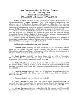 1306. Documentation for Richard Gardner (1631 to 23 January 1688) Father of Sarah Gardner (About 1655 to Between 1677 and 1745)