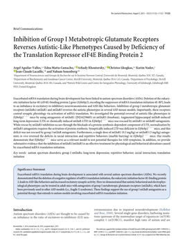 Inhibition of Group I Metabotropic Glutamate Receptors Reverses Autistic-Like Phenotypes Caused by Deficiency of the Translation Repressor Eif4e Binding Protein 2