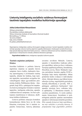 Lietuvių Inteligentų Socialinis Vaidmuo Formuojant Tautinės Tapatybės Modelius Kultūrinėje Spaudoje