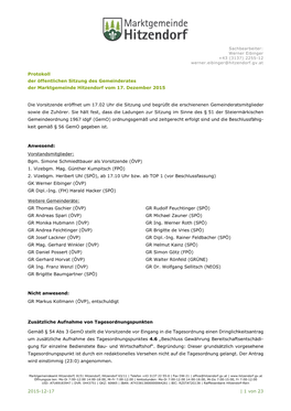 Protokoll Der Öffentlichen Sitzung Des Gemeinderates Der Marktgemeinde Hitzendorf Vom 17