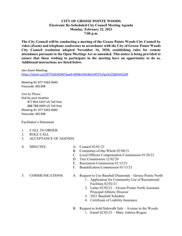 CITY of GROSSE POINTE WOODS Electronic Re-Scheduled City Council Meeting Agenda Monday, February 22, 2021 7:00 P.M