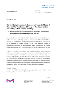 Phase II Data on the Safety and Efficacy of Atacicept at the 2016 ACR/ARHP Annual Meeting