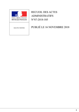 Recueil Des Actes Administratifs N°87-2018-105 Publié Le 16 Novembre 2018