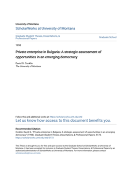 Private Enterprise in Bulgaria: a Strategic Assessment of Opportunities in an Emerging Democracy