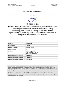 INCB 01158-202 Protocol Amendment 2 (Version 2 Dated 01 JUN 2018) and Agree to Conduct the Study As Outlined