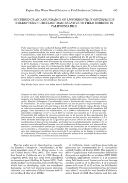 (Coleoptera: Curculionidae) Relative to Field Borders in California Rice