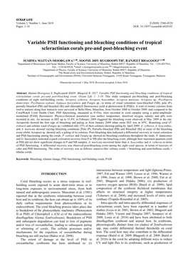 Variable PSII Functioning and Bleaching Conditions of Tropical Scleractinian Corals Pre-And Post-Bleaching Event