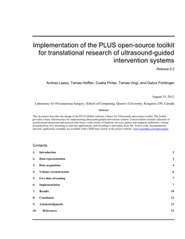 Implementation of the PLUS Open-Source Toolkit for Translational Research of Ultrasound-Guided Intervention Systems Release 0.2