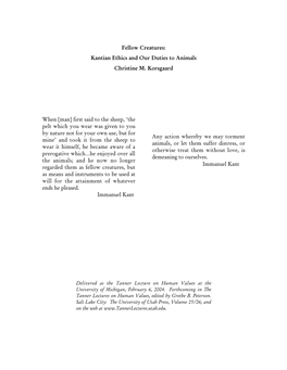 Fellow Creatures: Kantian Ethics and Our Duties to Animals Christine M