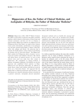 Hippocrates of Kos, the Father of Clinical Medicine, and Asclepiades of Bithynia, the Father of Molecular Medicine*