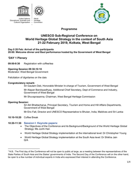 UNESCO Sub-Regional Conference on World Heritage Global Strategy in the Context of South Asia 21-22 February 2019, Kolkata, West Bengal