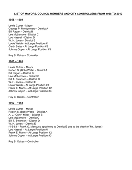List of Mayors, Council Members and City Controllers from 1958 to 2012