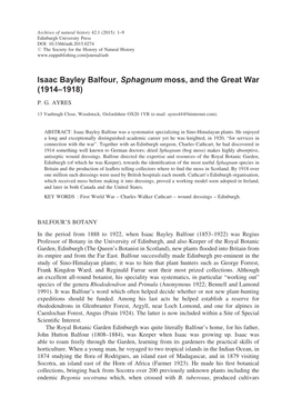 Isaac Bayley Balfour, Sphagnum Moss, and the Great War (1914–1918)