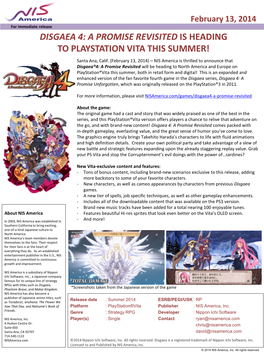 DISGAEA 4: a PROMISE REVISITED IS HEADING to PLAYSTATION VITA THIS SUMMER! Santa Ana, Calif