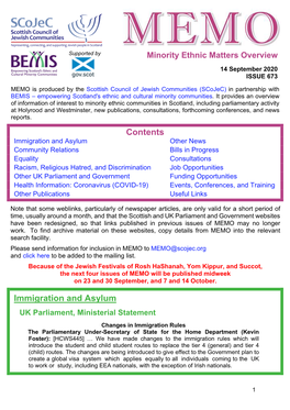 MEMO Is Produced by the Scottish Council of Jewish Communities (Scojec) in Partnership with BEMIS – Empowering Scotland's Ethnic and Cultural Minority Communities