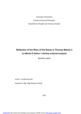 Reflection of the Wars of the Roses in Thomas Malory`S Le Morte D`Arthur: Literary-Cultural Analysis