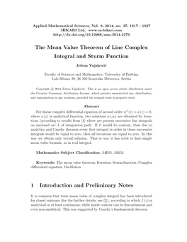 The Mean Value Theorem of Line Complex Integral and Sturm Function 1 Introduction and Preliminary Notes