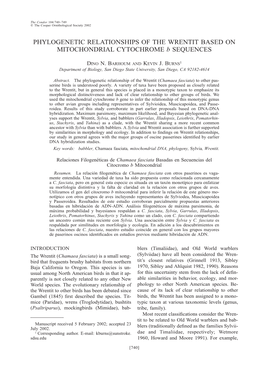 PHYLOGENETIC RELATIONSHIPS of the WRENTIT BASED on MITOCHONDRIAL CYTOCHROME B SEQUENCES