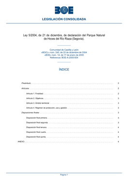 Ley 5/2004, De 21 De Diciembre, De Declaración Del Parque Natural De Hoces Del Río Riaza (Segovia)