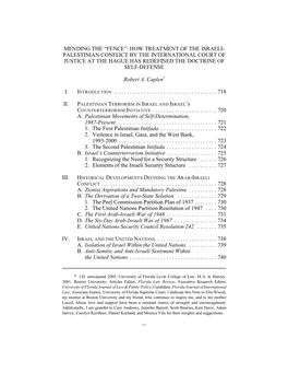 How Treatment of the Israeli- Palestinian Conflict by the International Court of Justice at the Hague Has Redefined the Doctrine of Self-Defense