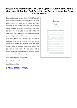 Toccata Fanfare from the 1607 Opera L Orfeo by Claudio Monteverdi Arr for Full Band Score Parts License to Copy Sheet Music