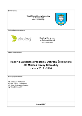Raport Z Wykonania Programu Ochrony Środowiska Dla Miasta I Gminy Szamotuły Za Lata 2015 - 2016