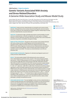 Genetic Variants Associated with Anxiety and Stress-Related Disorders a Genome-Wide Association Study and Mouse-Model Study