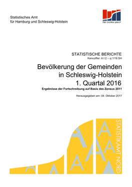 1. Quartal 2016 Bevölkerung Der Gemeinden in Schleswig-Holstein